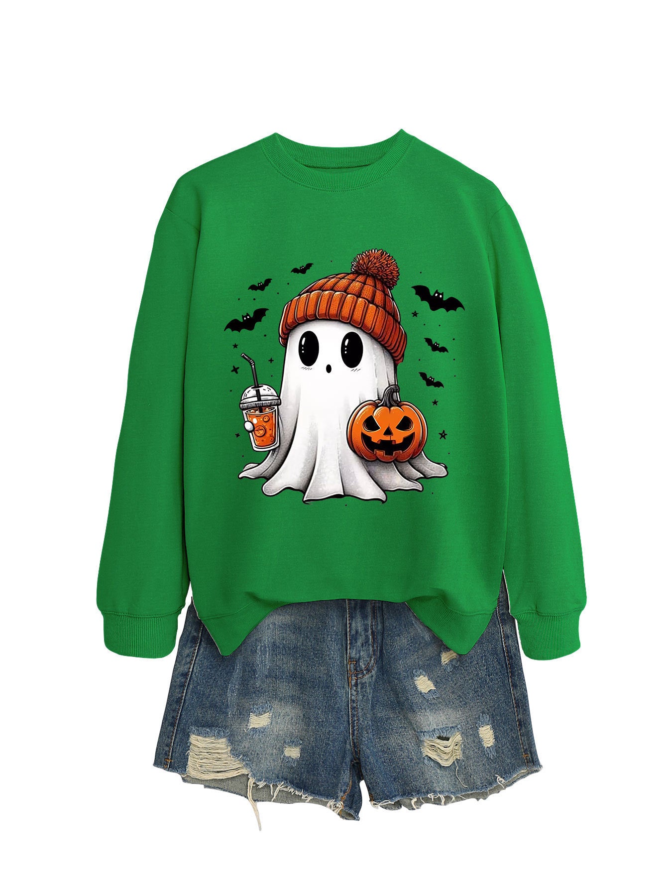 Long Sleeve Pumpkin Bat Printed Crew Neck Sweatshirt