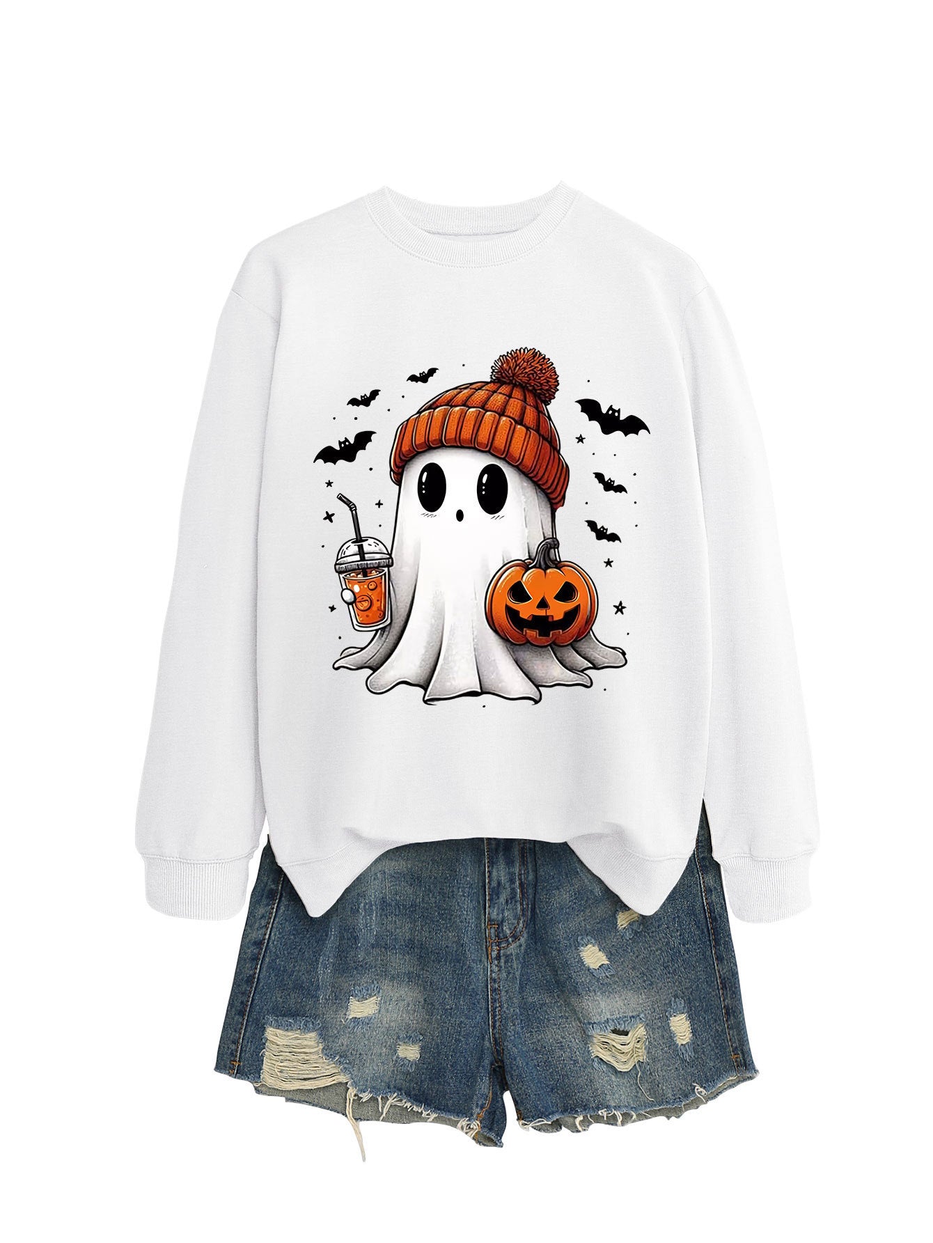 Long Sleeve Pumpkin Bat Printed Crew Neck Sweatshirt