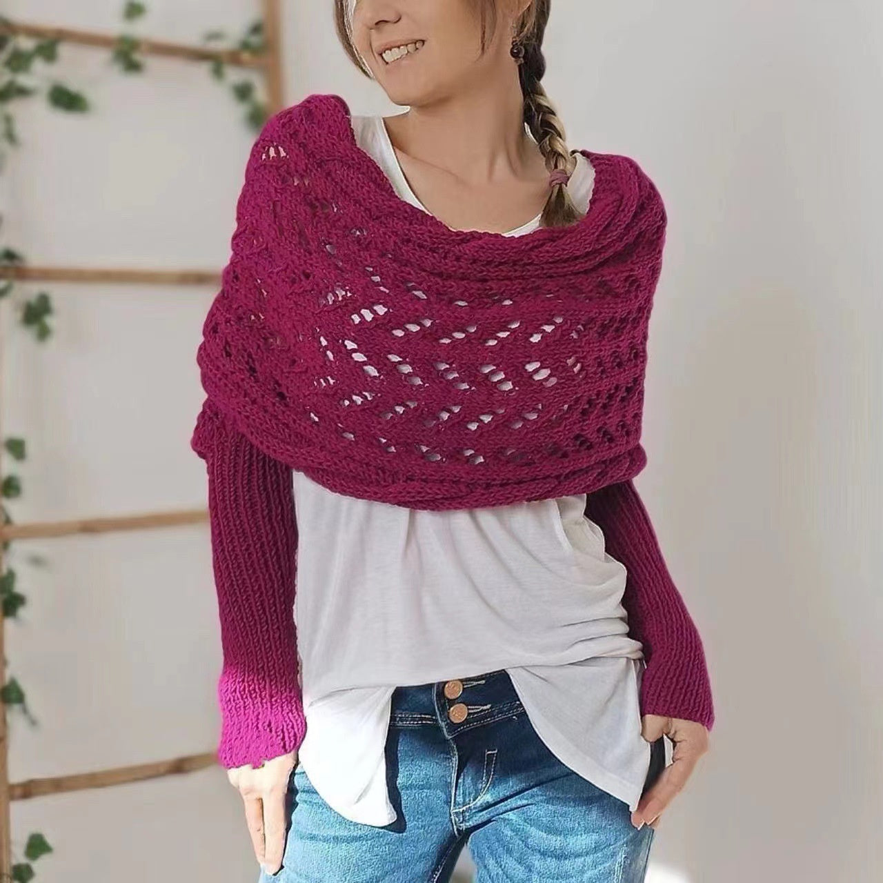 Warm Knitted Shawl Women's Hollowed-out Double Sleeve