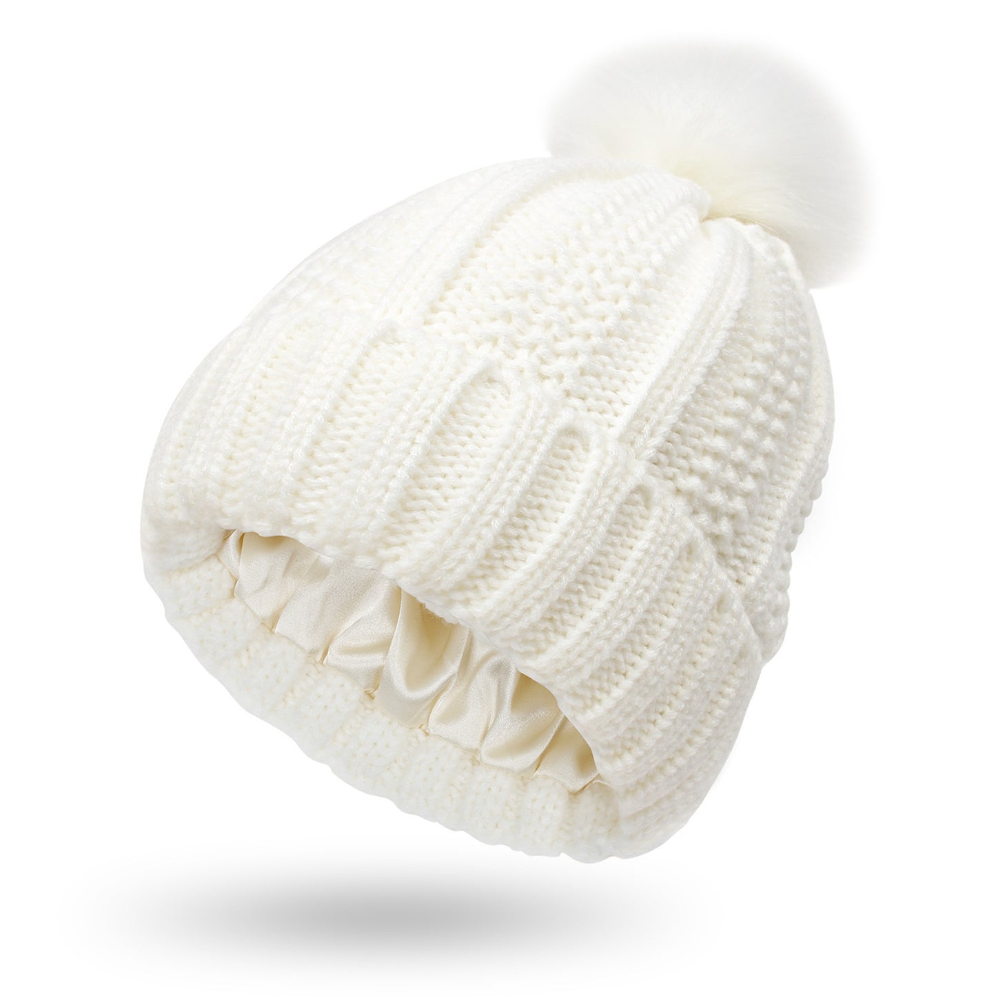 Stretchy Satin Lined Skull Knit Beanie Hat For Women Faux Fur Pom Pom