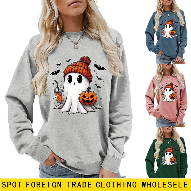 Long Sleeve Pumpkin Bat Printed Crew Neck Sweatshirt