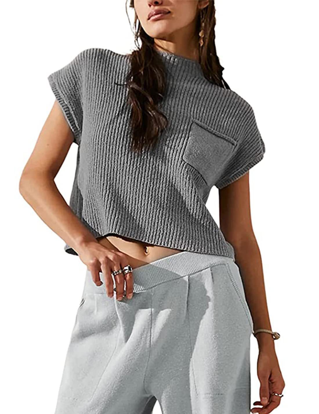 Women's Knitted Sleeveless Pocket Casual Pullover Vest