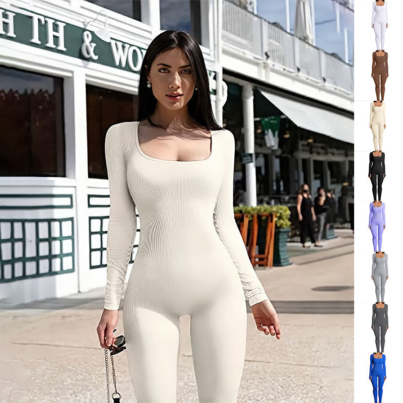 Women's Yoga Fitness Jumpsuit Long Sleeve Square Collar