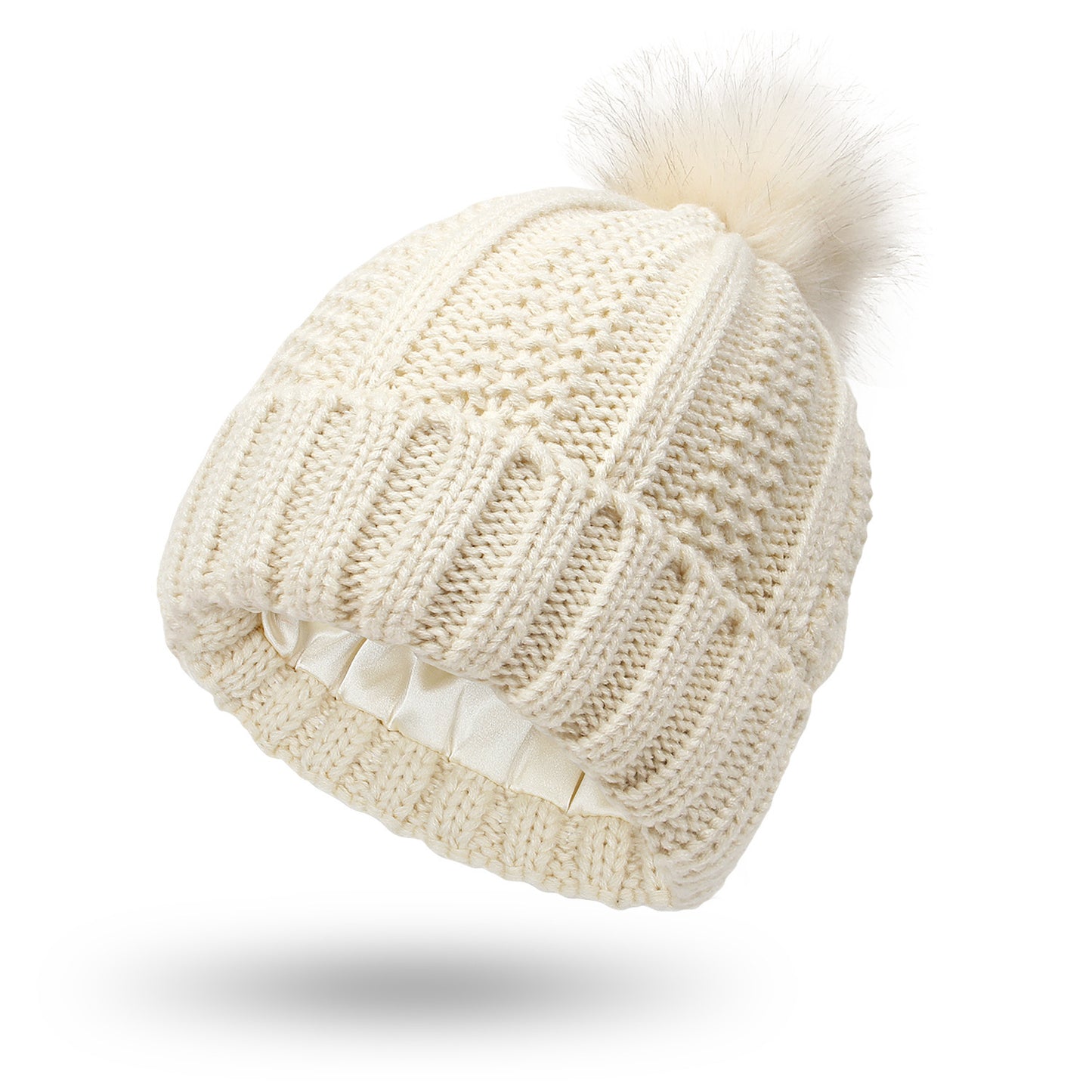 Stretchy Satin Lined Skull Knit Beanie Hat For Women Faux Fur Pom Pom