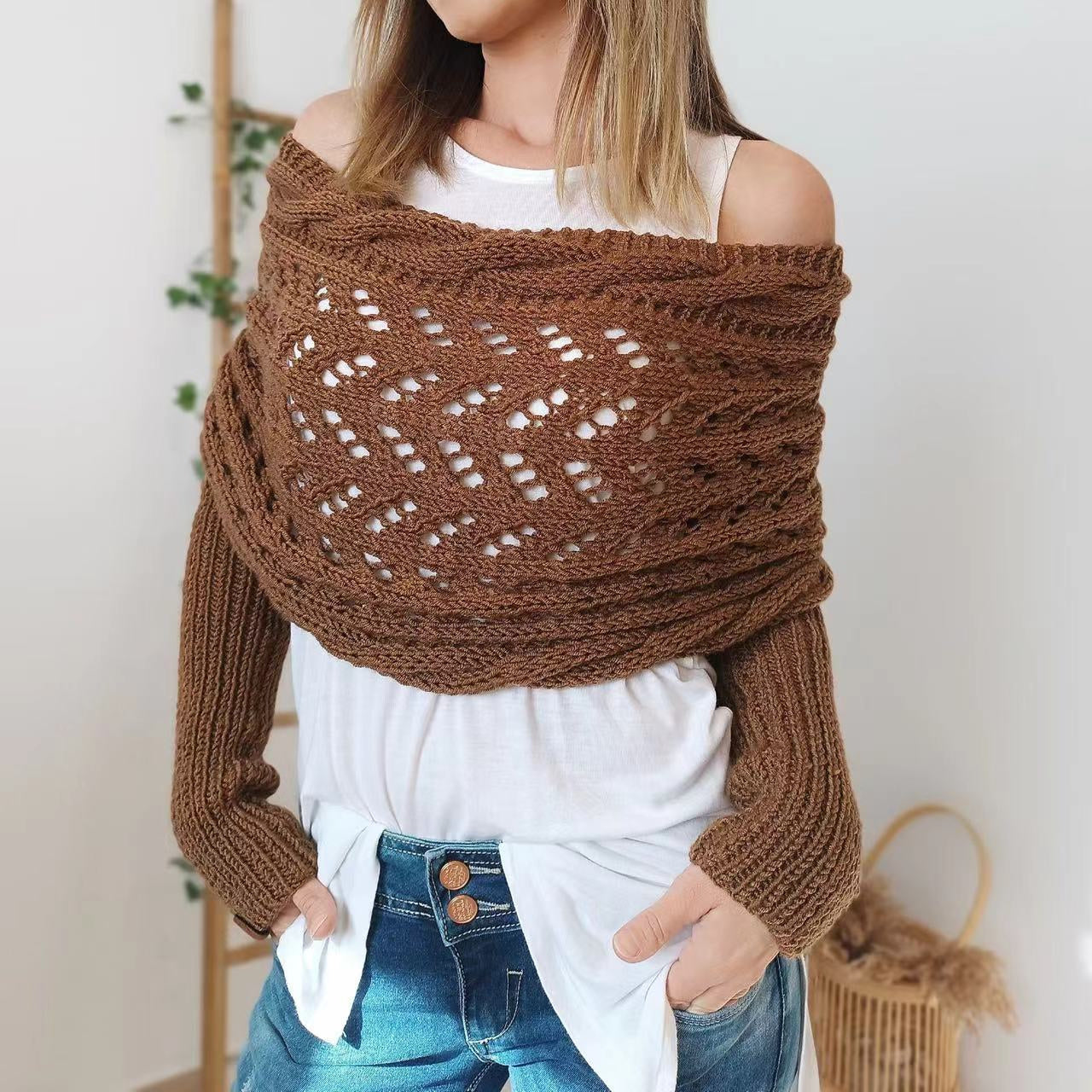 Warm Knitted Shawl Women's Hollowed-out Double Sleeve