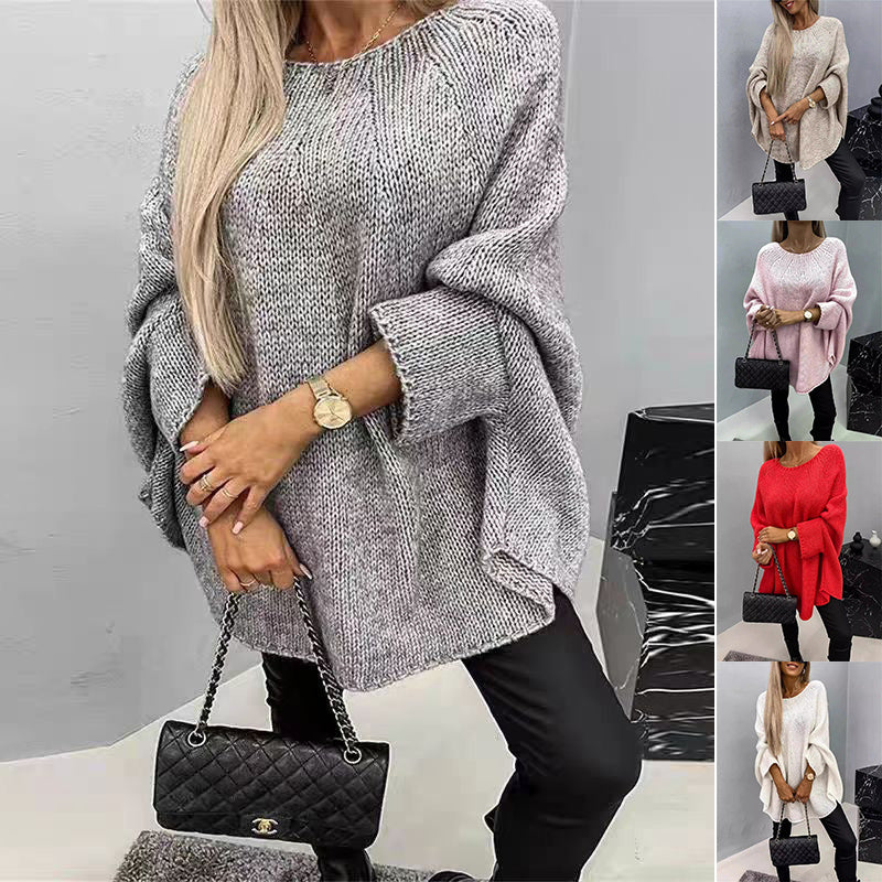 Women's Loose Batwing Sleeve Pullover Sweater Oversized Knitted Shawl Sweater Tops