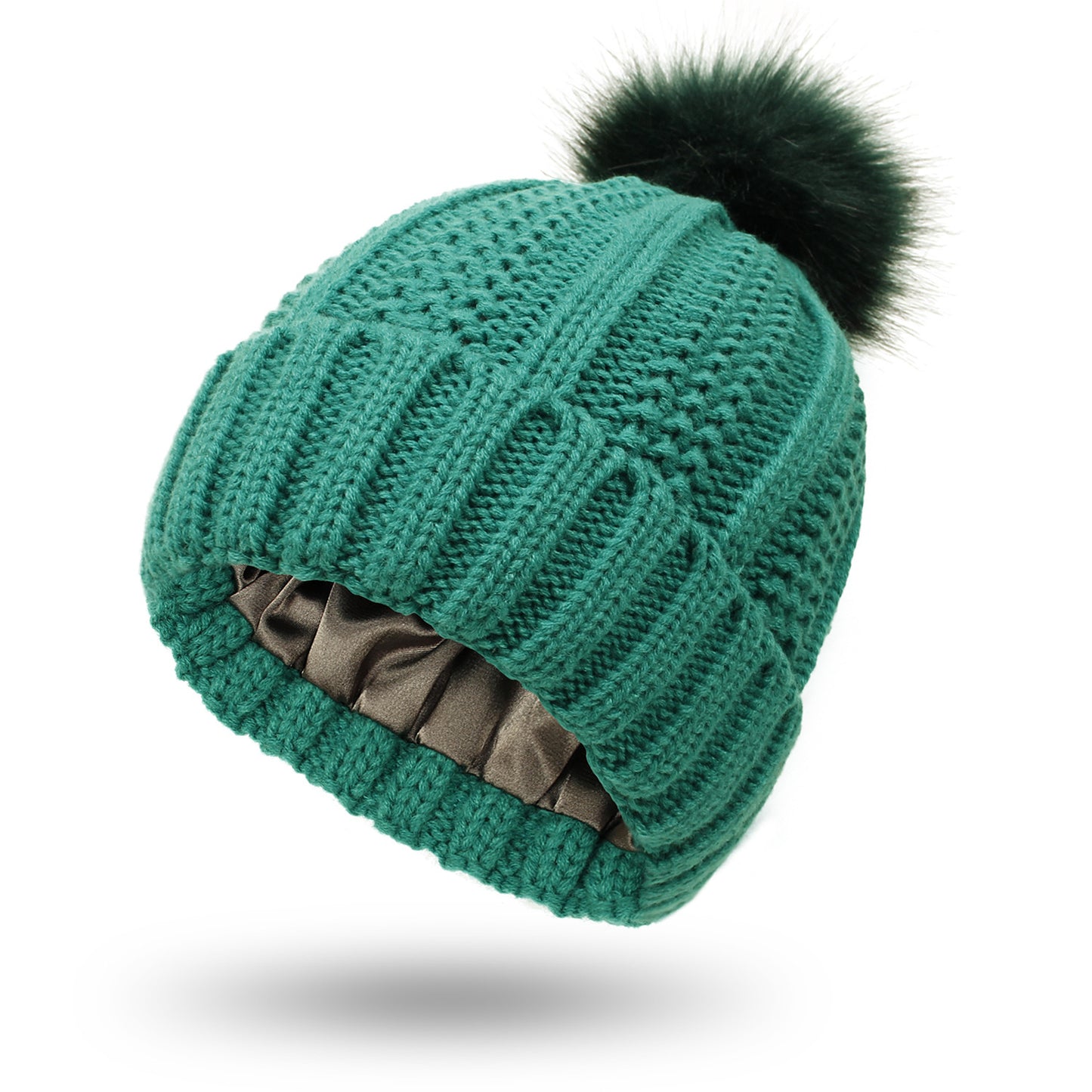 Stretchy Satin Lined Skull Knit Beanie Hat For Women Faux Fur Pom Pom