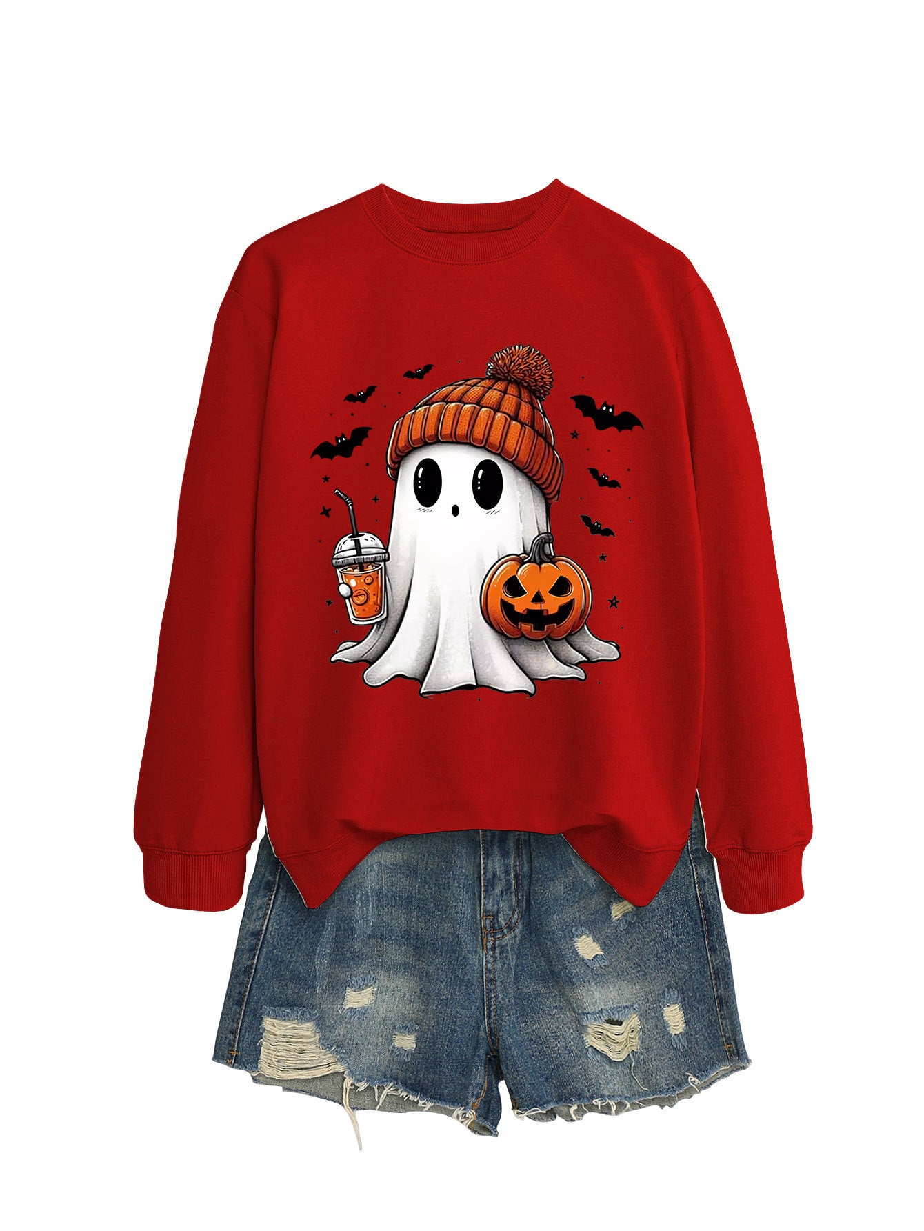 Long Sleeve Pumpkin Bat Printed Crew Neck Sweatshirt