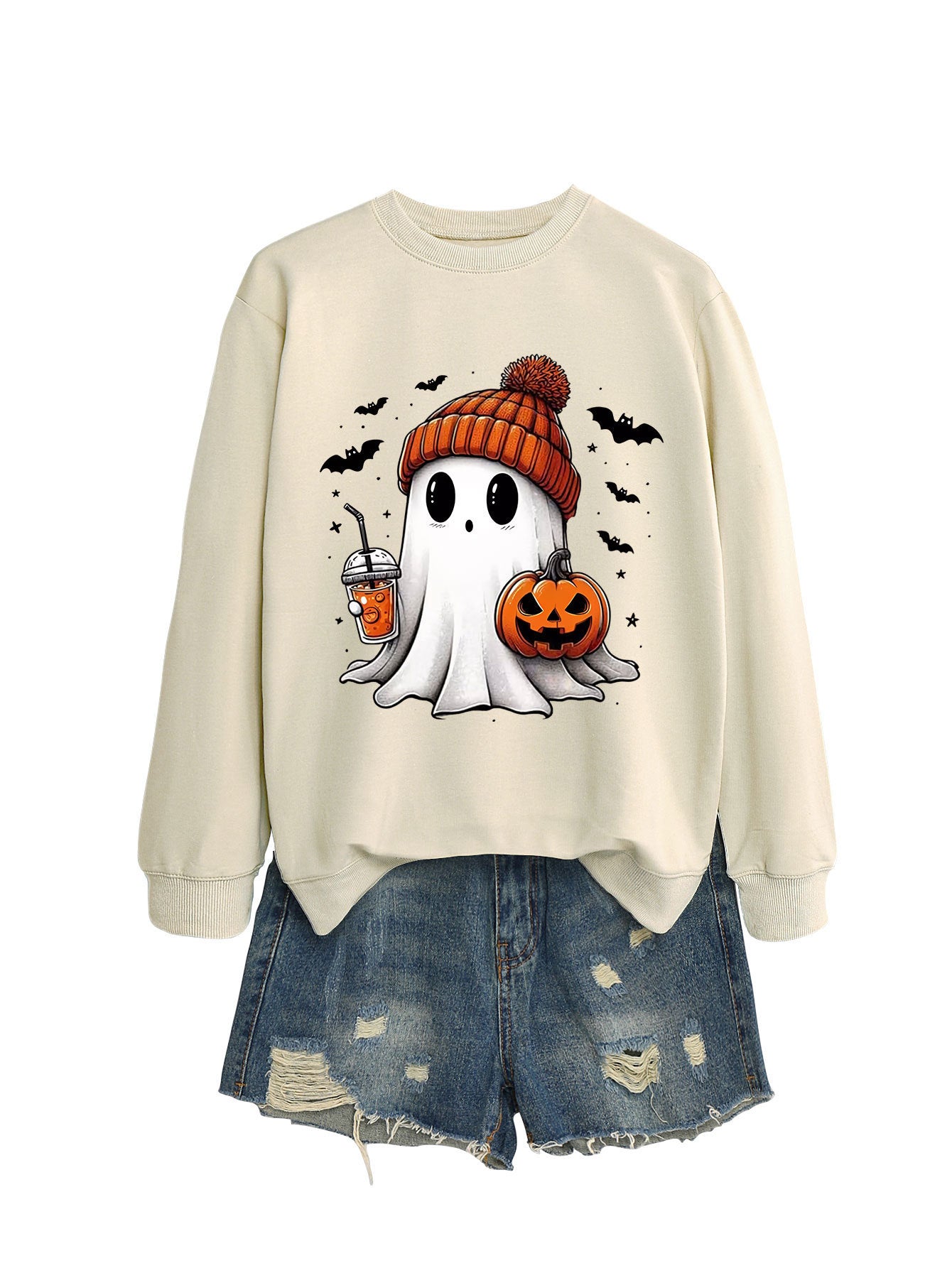 Long Sleeve Pumpkin Bat Printed Crew Neck Sweatshirt