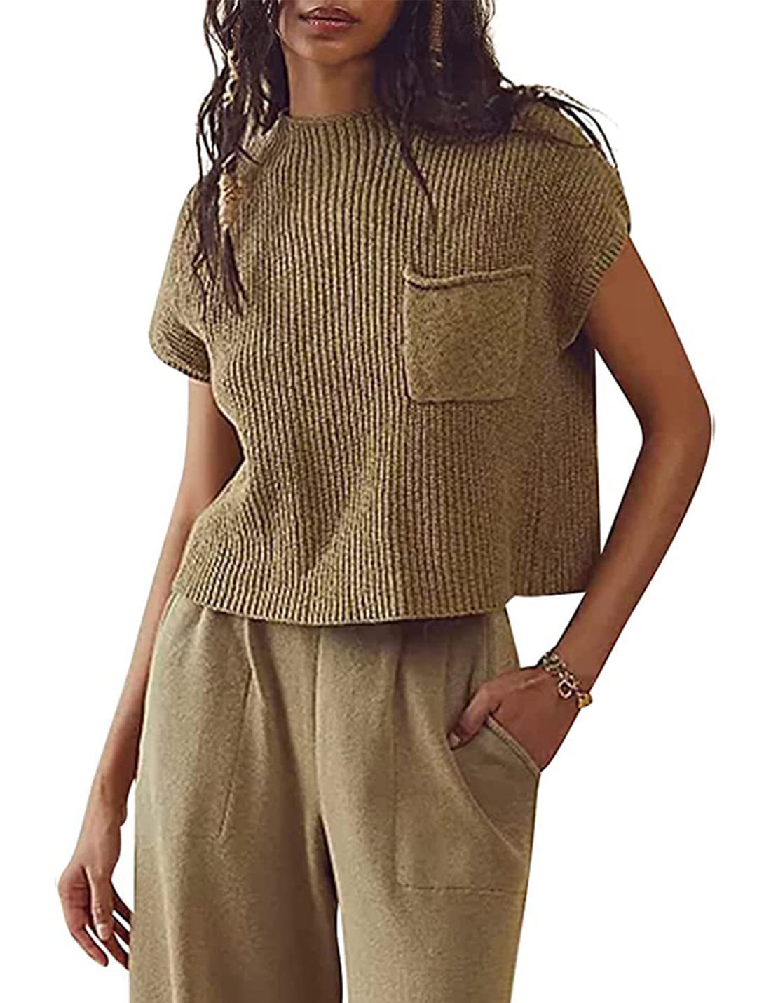 Women's Knitted Sleeveless Pocket Casual Pullover Vest