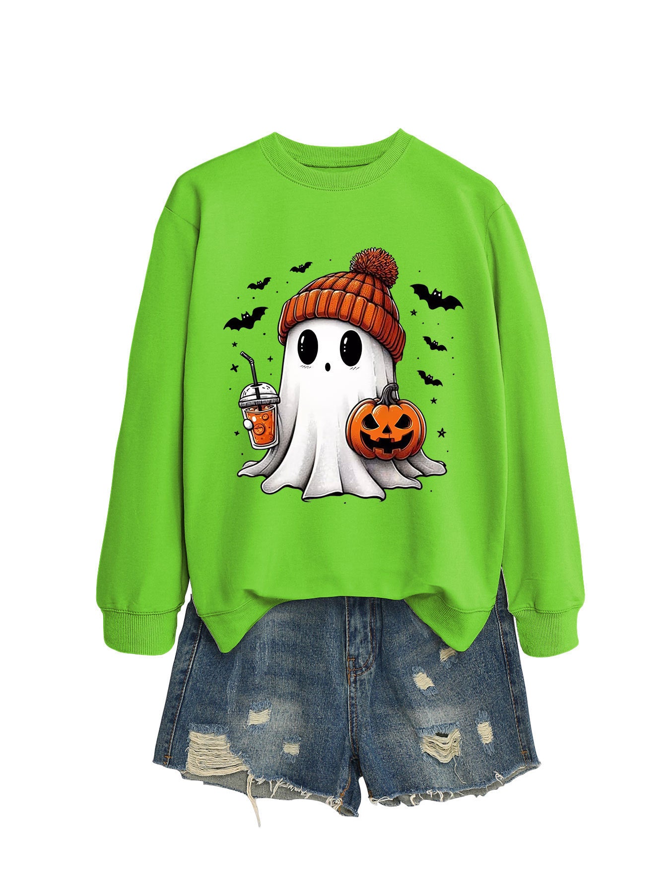 Long Sleeve Pumpkin Bat Printed Crew Neck Sweatshirt