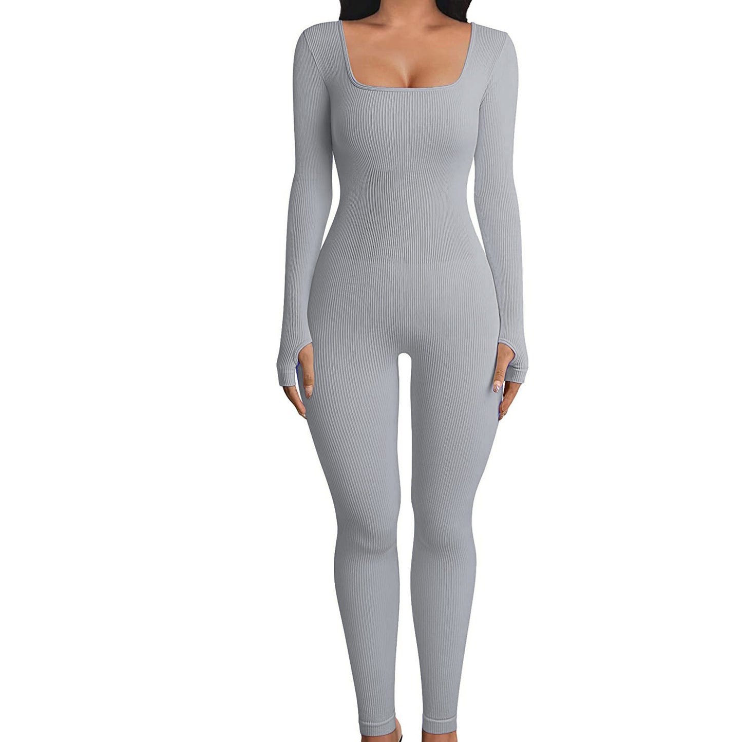 Women's Yoga Fitness Jumpsuit Long Sleeve Square Collar