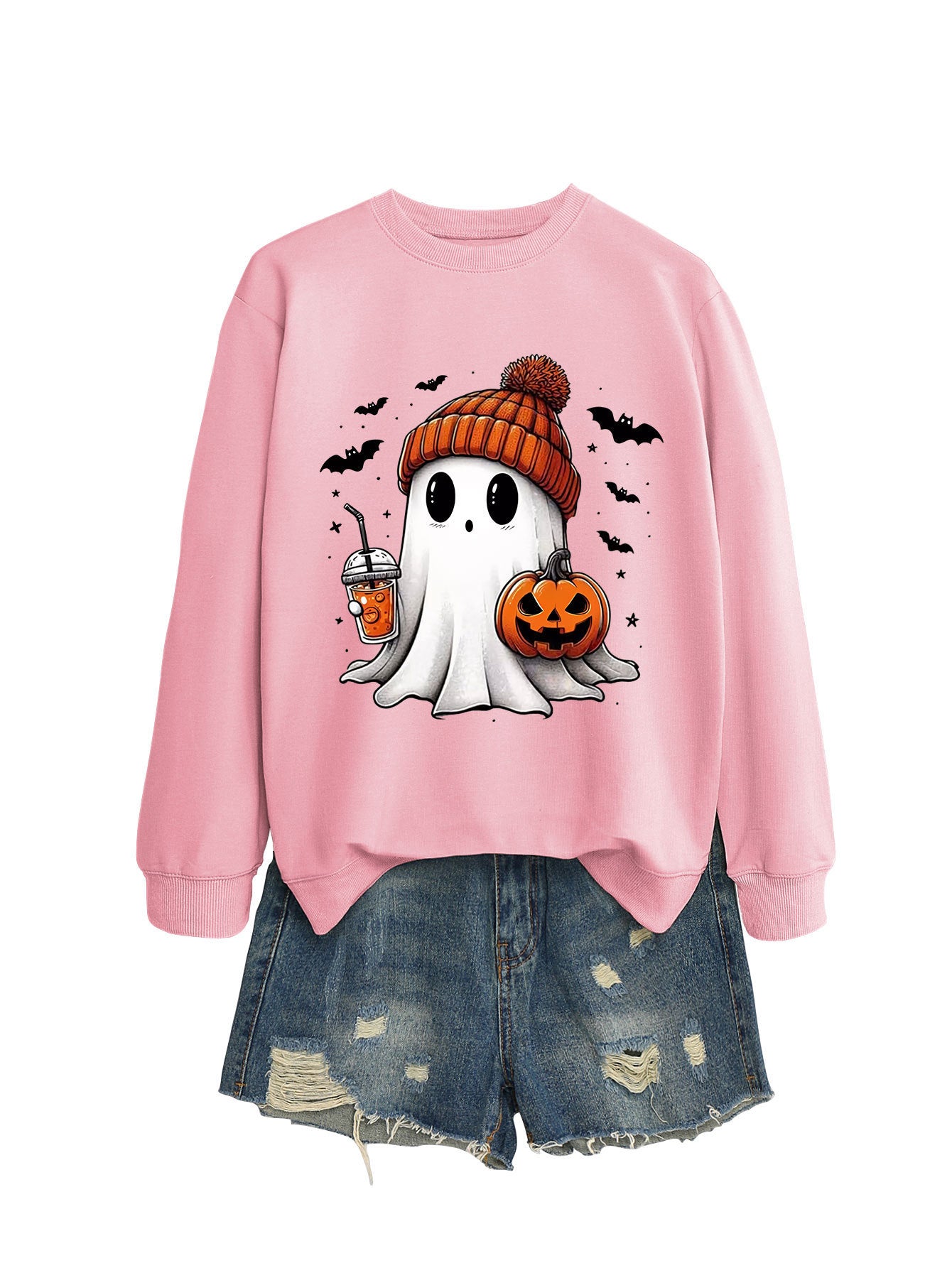 Long Sleeve Pumpkin Bat Printed Crew Neck Sweatshirt