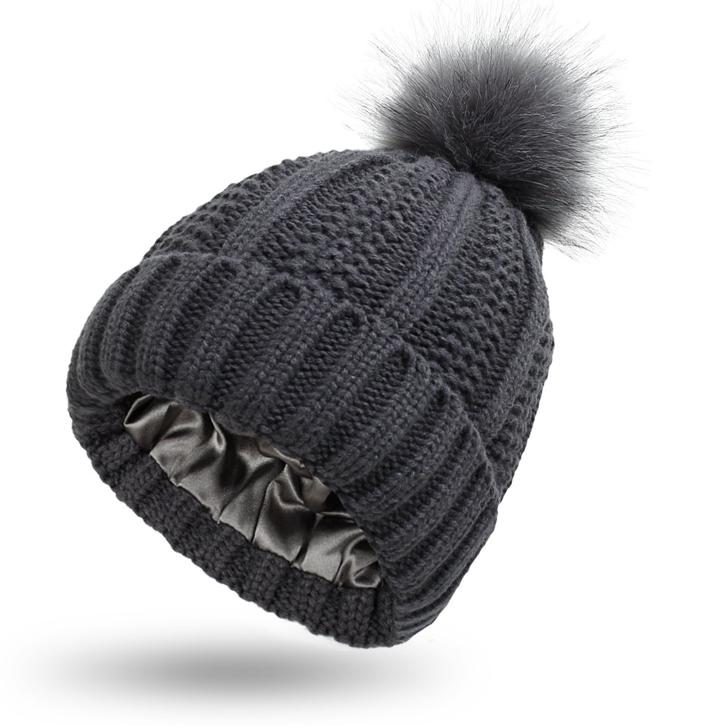 Stretchy Satin Lined Skull Knit Beanie Hat For Women Faux Fur Pom Pom