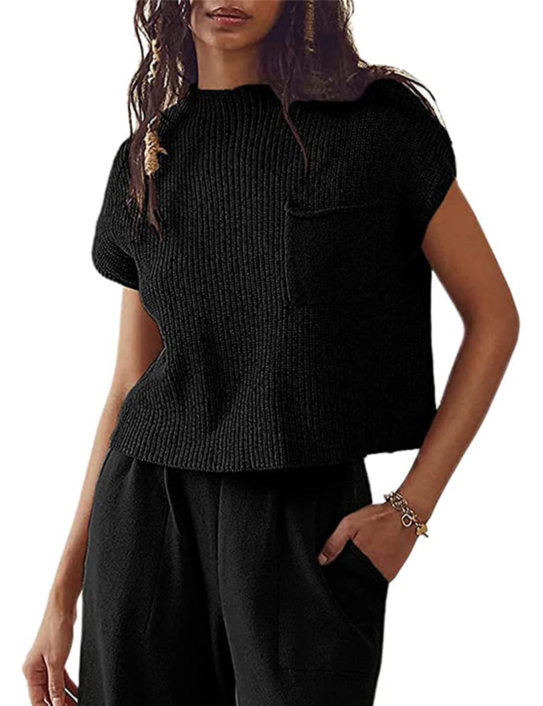 Women's Knitted Sleeveless Pocket Casual Pullover Vest