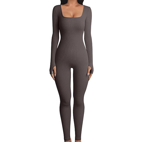 Women's Yoga Fitness Jumpsuit Long Sleeve Square Collar