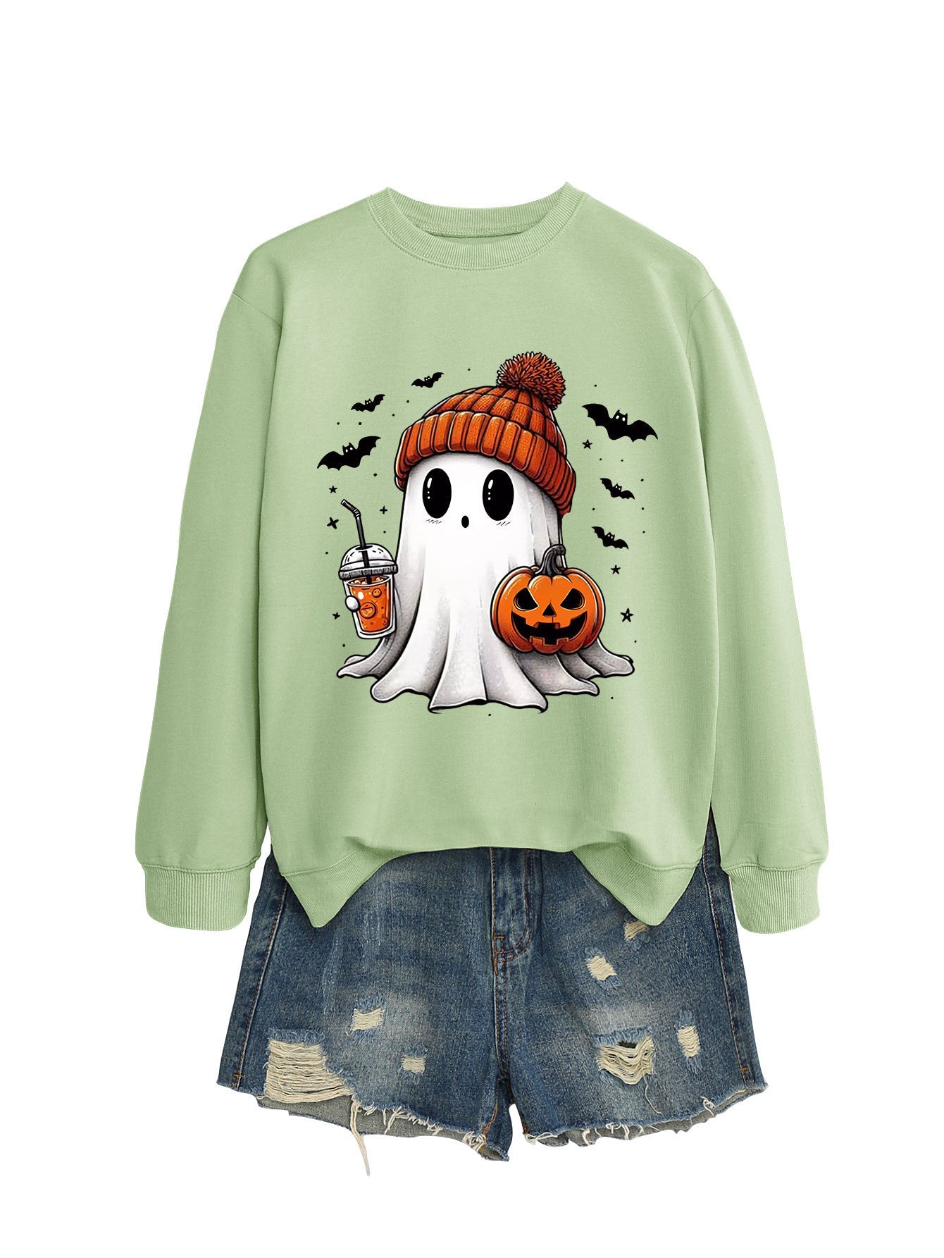 Long Sleeve Pumpkin Bat Printed Crew Neck Sweatshirt