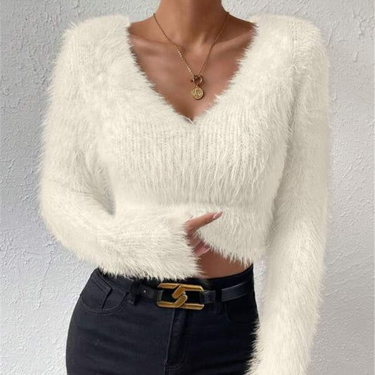 Solid Color And V-neck Slim Fit Plush Short Women's Sweater