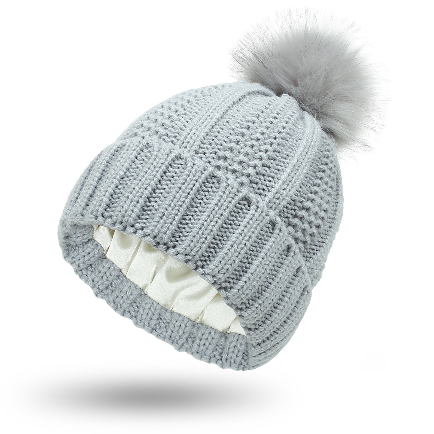 Stretchy Satin Lined Skull Knit Beanie Hat For Women Faux Fur Pom Pom