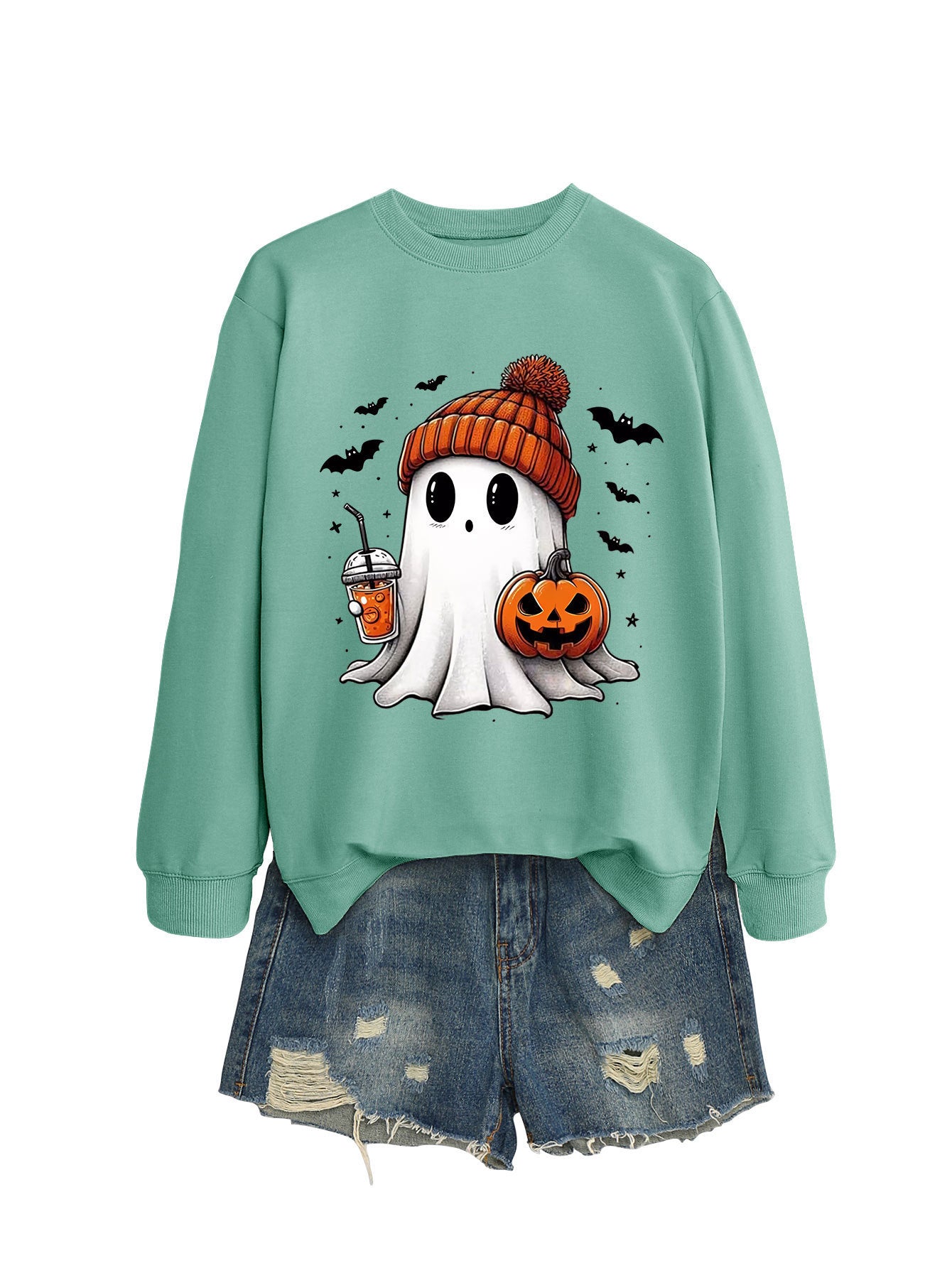 Long Sleeve Pumpkin Bat Printed Crew Neck Sweatshirt