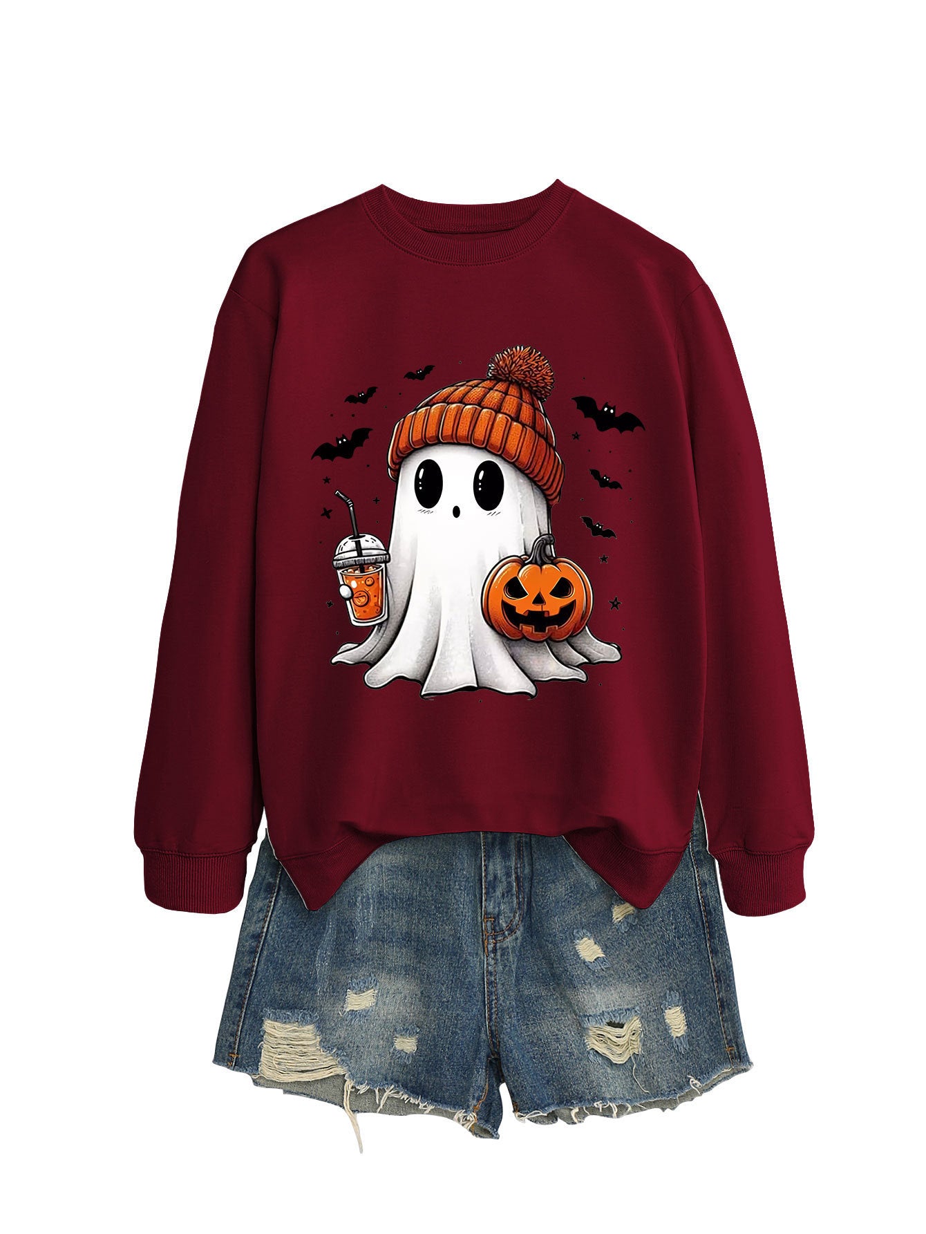 Long Sleeve Pumpkin Bat Printed Crew Neck Sweatshirt