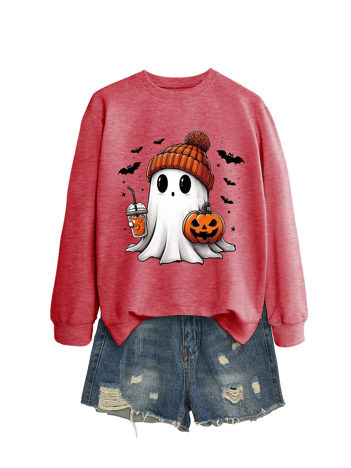 Long Sleeve Pumpkin Bat Printed Crew Neck Sweatshirt