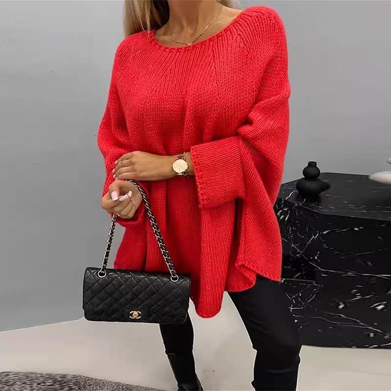 Women's Loose Batwing Sleeve Pullover Sweater Oversized Knitted Shawl Sweater Tops