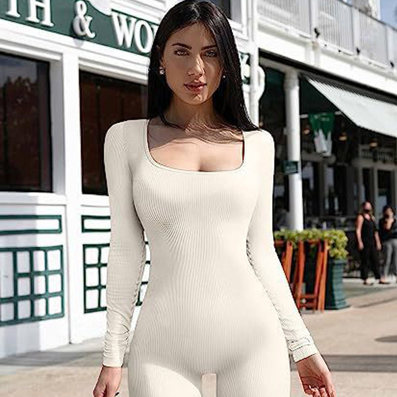 Women's Yoga Fitness Jumpsuit Long Sleeve Square Collar