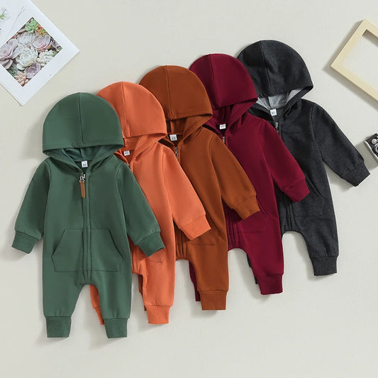 Long Sleeve Solid Zip Up Hooded Rompers Newborn Outfit (0-12M)