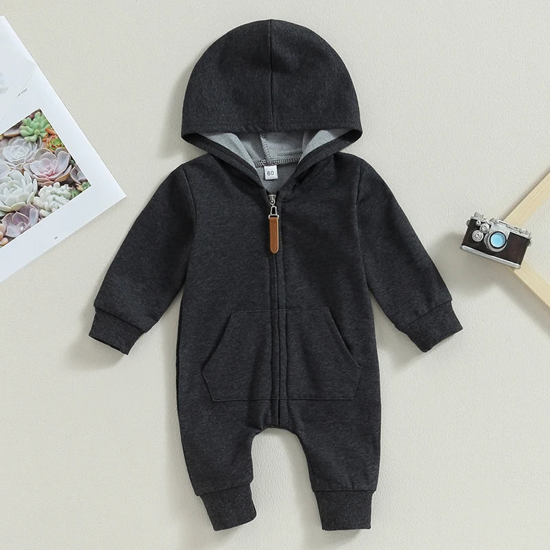 Long Sleeve Solid Zip Up Hooded Rompers Newborn Outfit (0-12M)