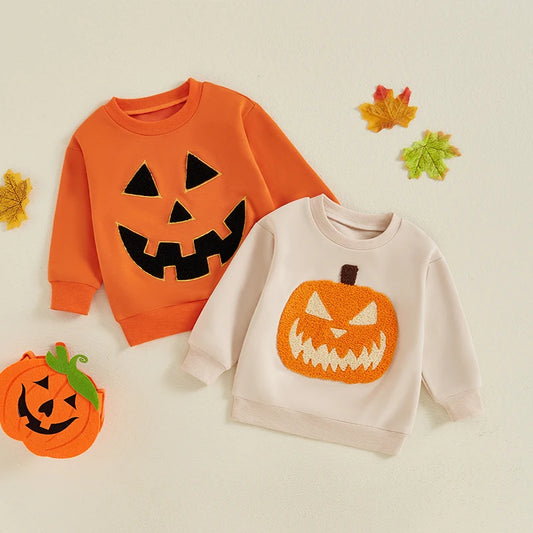 Boy & Girl Halloween Sweatshirt Pumpkin Embroidery Crew Neck Long Sleeve Pullover