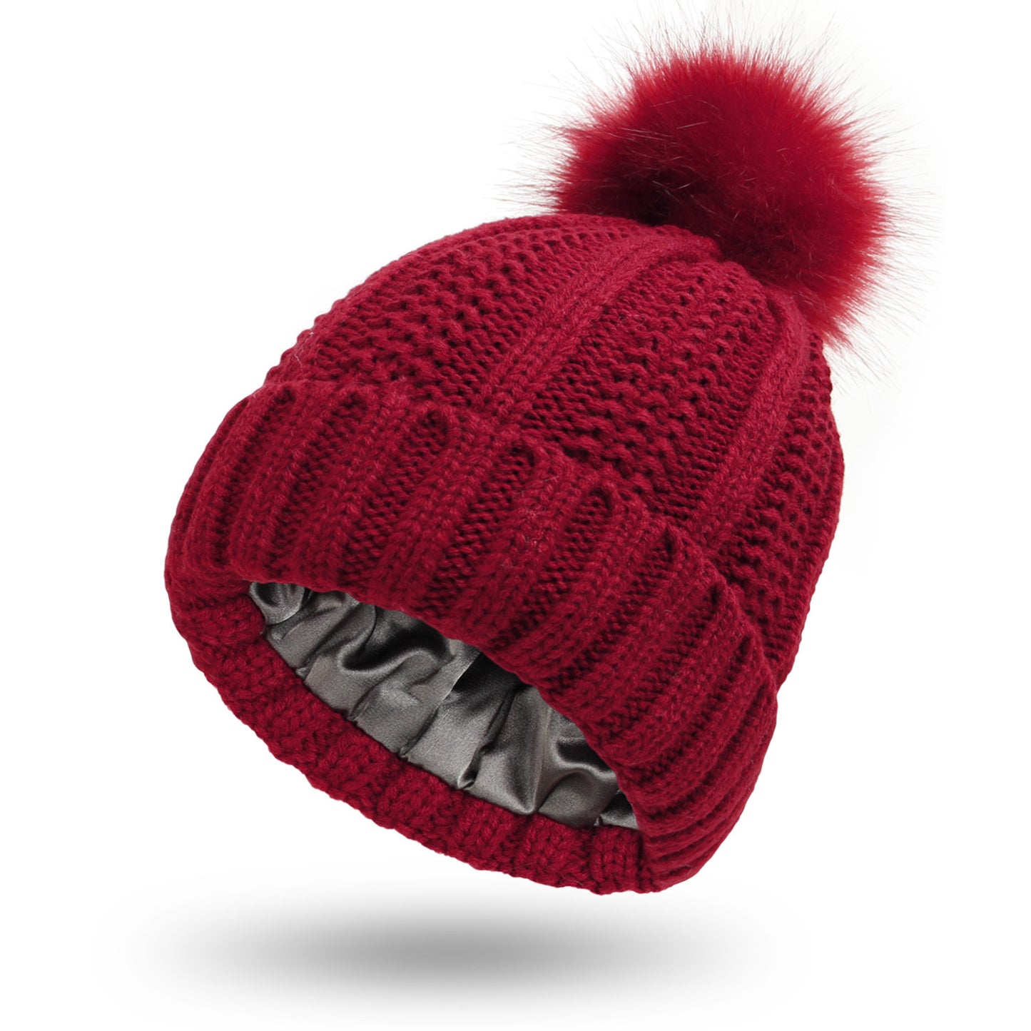 Stretchy Satin Lined Skull Knit Beanie Hat For Women Faux Fur Pom Pom