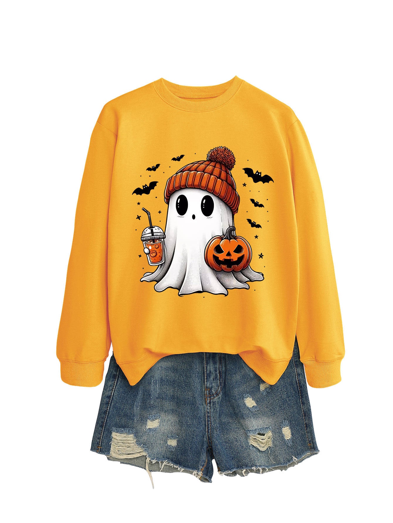 Long Sleeve Pumpkin Bat Printed Crew Neck Sweatshirt