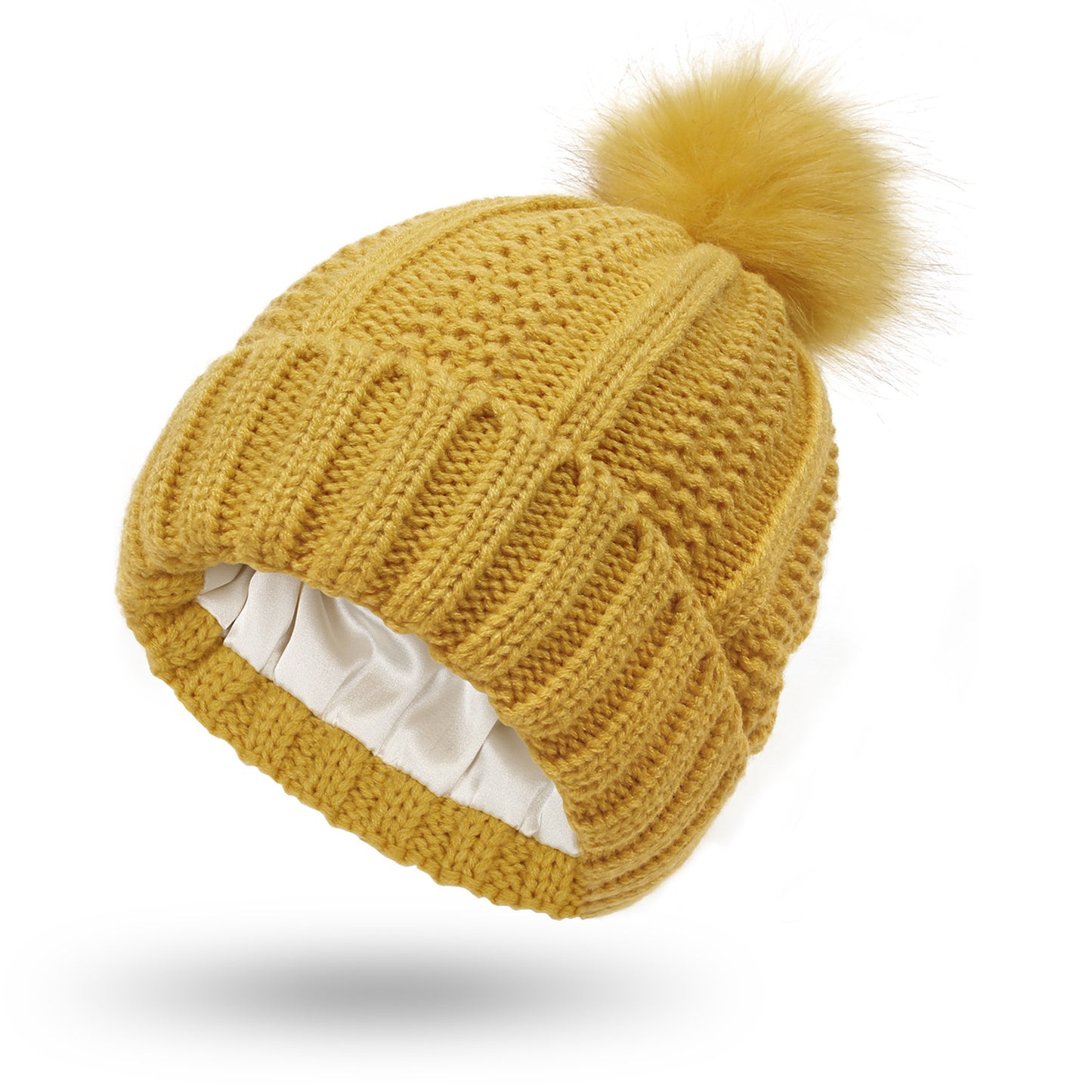 Stretchy Satin Lined Skull Knit Beanie Hat For Women Faux Fur Pom Pom