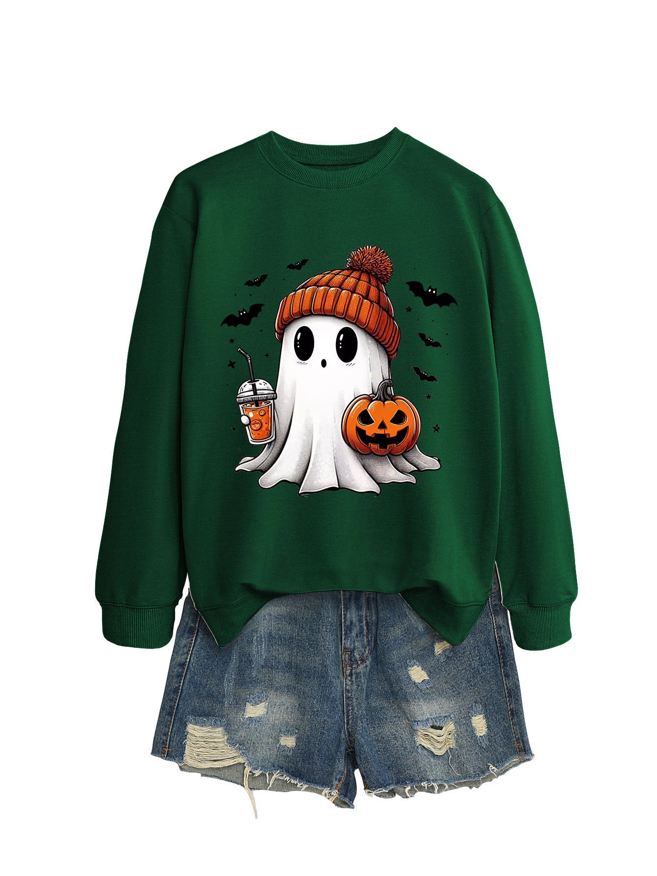 Long Sleeve Pumpkin Bat Printed Crew Neck Sweatshirt