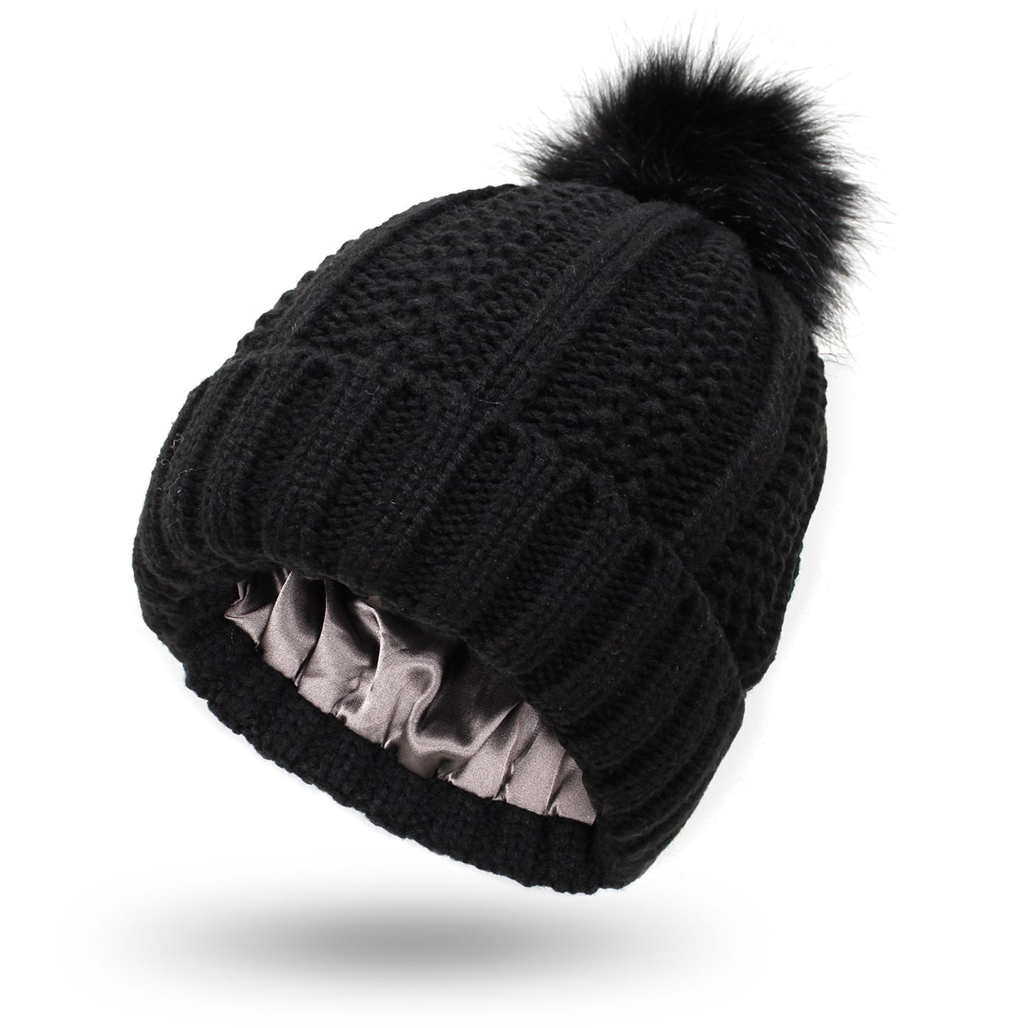 Stretchy Satin Lined Skull Knit Beanie Hat For Women Faux Fur Pom Pom