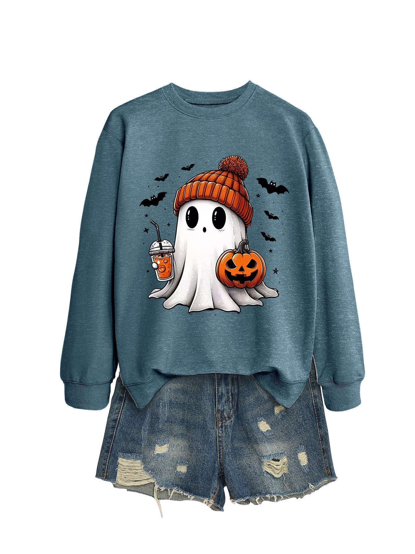 Long Sleeve Pumpkin Bat Printed Crew Neck Sweatshirt