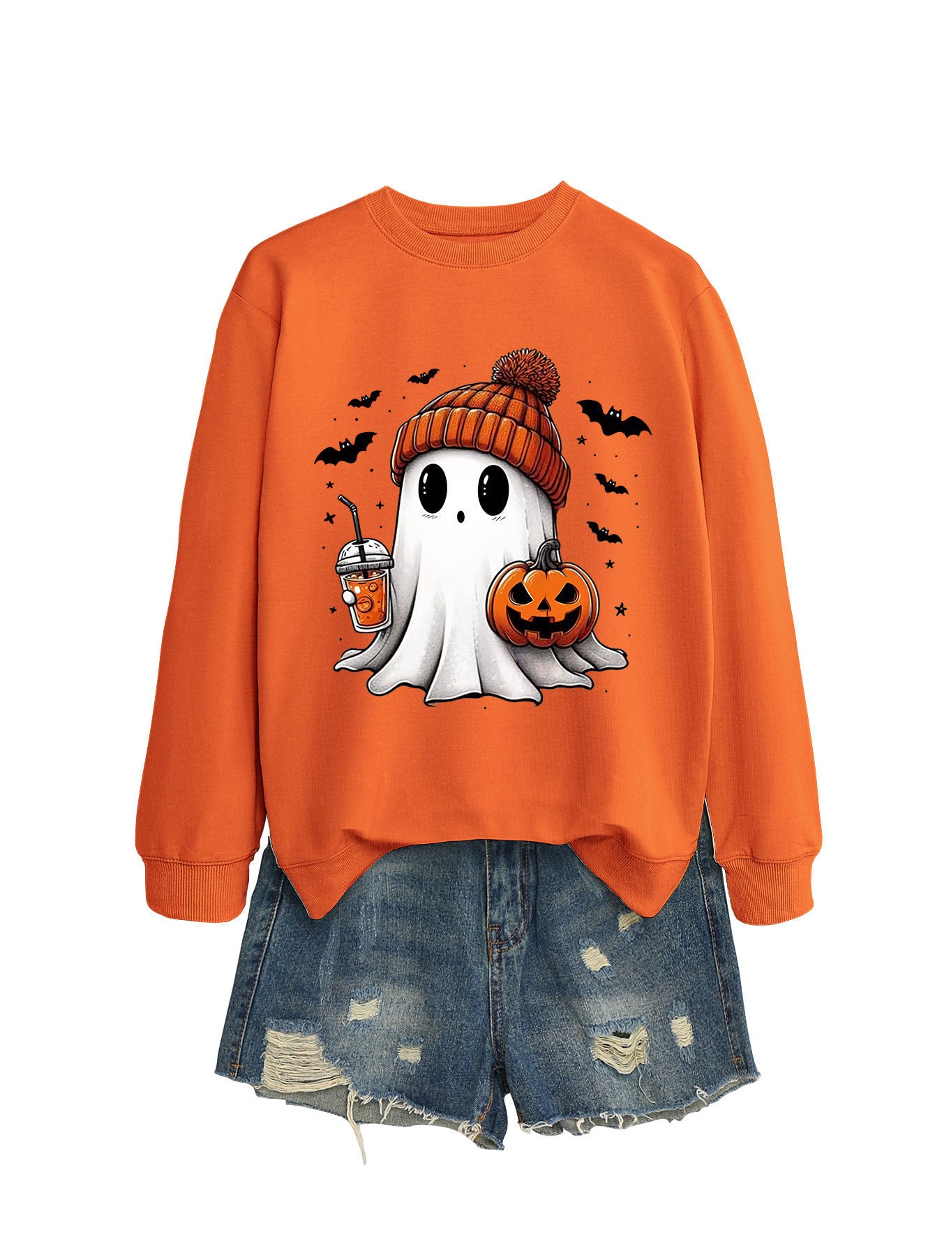 Long Sleeve Pumpkin Bat Printed Crew Neck Sweatshirt