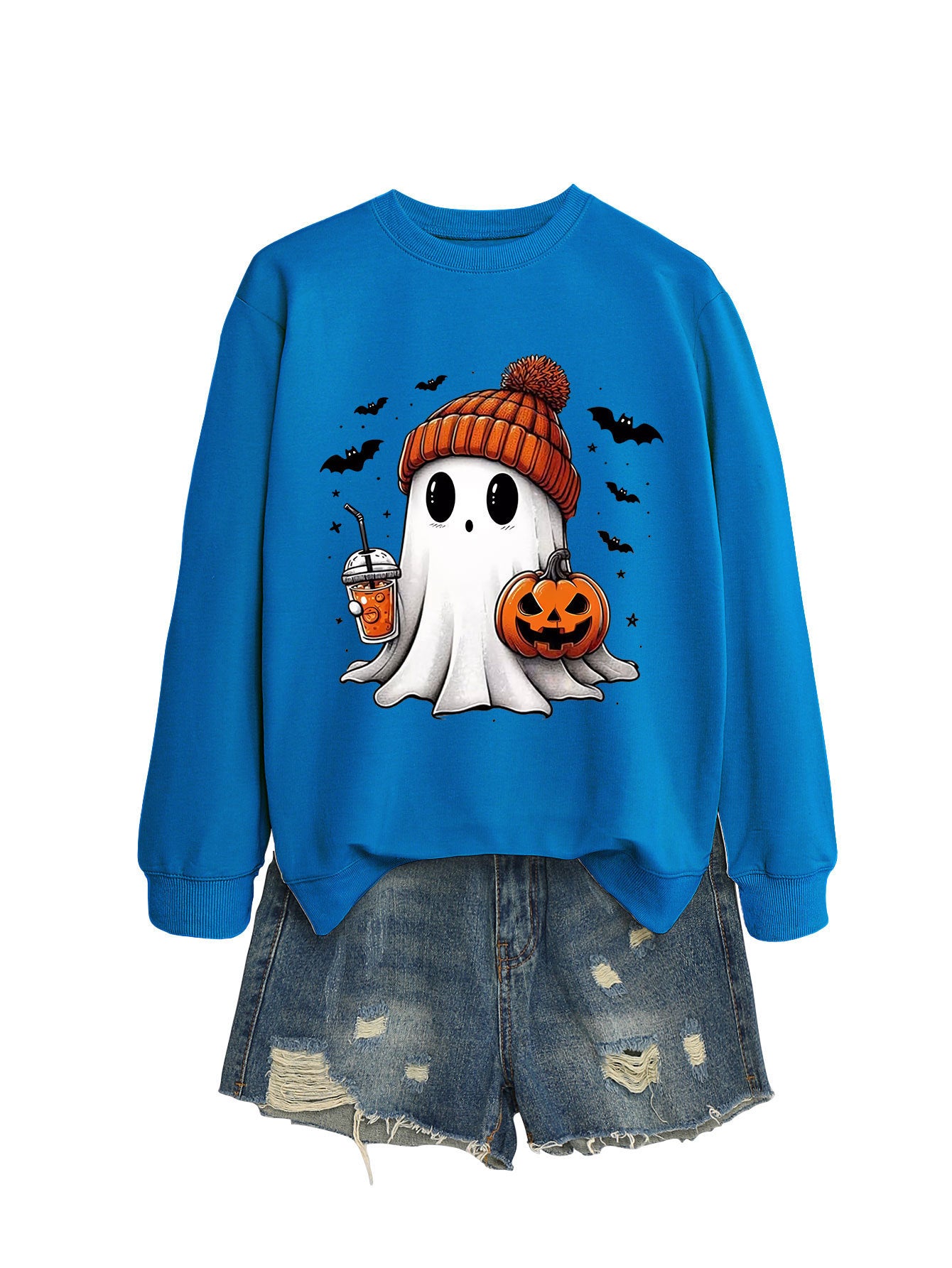 Long Sleeve Pumpkin Bat Printed Crew Neck Sweatshirt