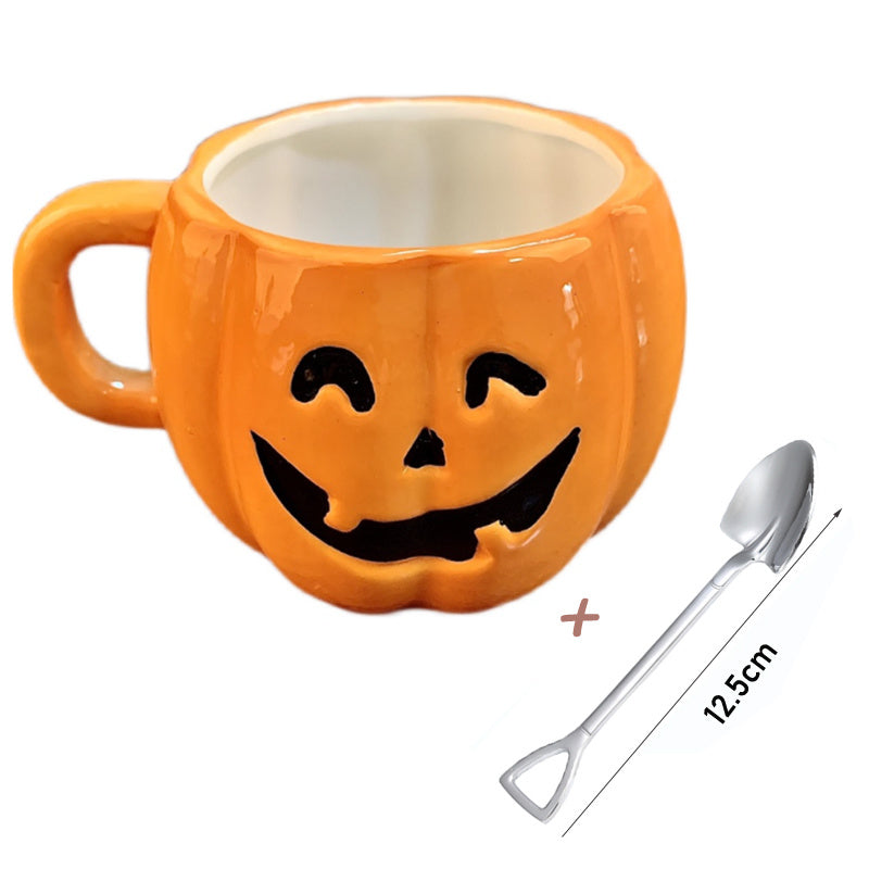 Ceramic Halloween Pumpkin Mug and Grave Digger Spoon