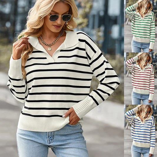 Casual V-neck Lapel Striped Sweater Long Sleeve For Women