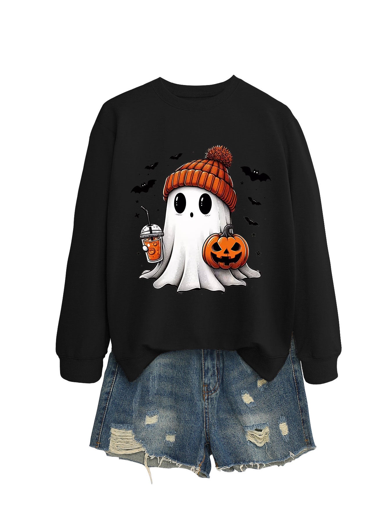 Long Sleeve Pumpkin Bat Printed Crew Neck Sweatshirt